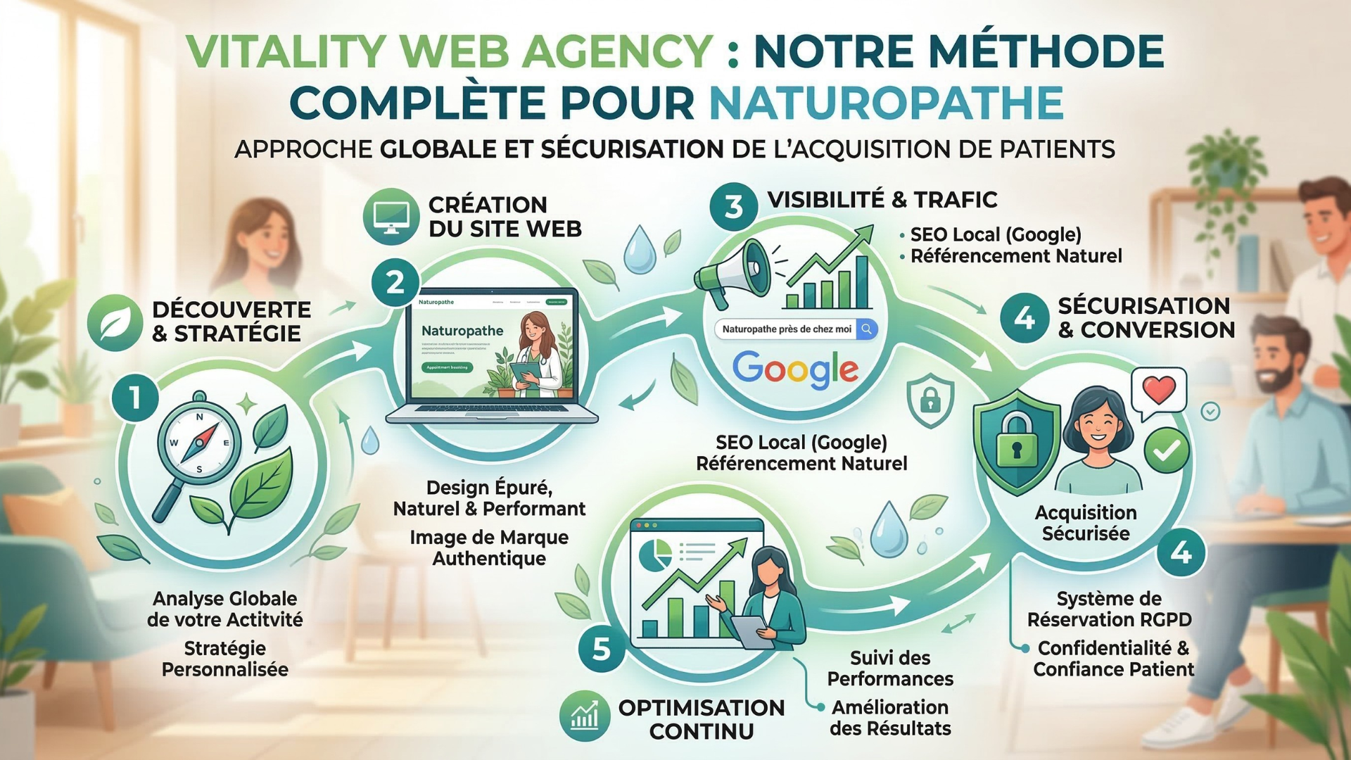 Tableau affichant l'infographie de notre méthode d'agence web pour sécuriser l'acquisition de patients des naturopathes