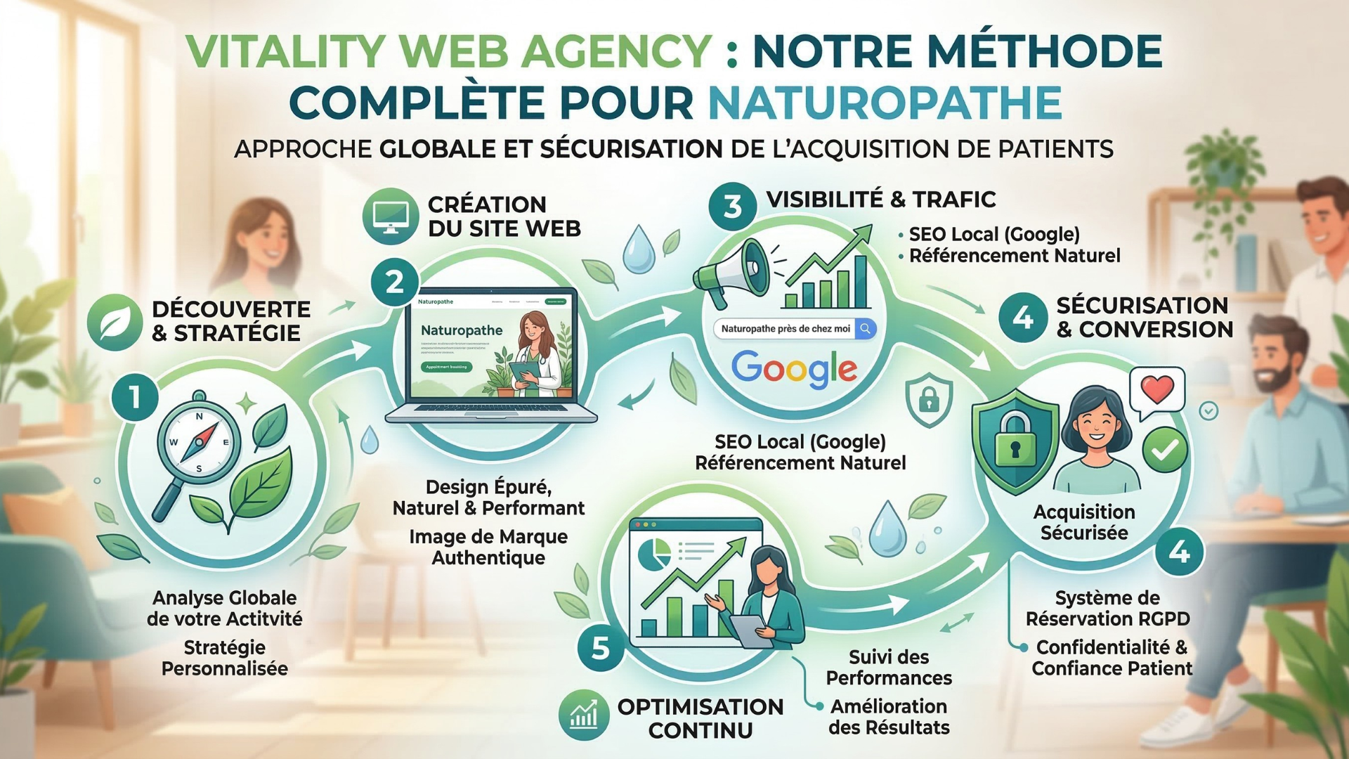 Tableau affichant l'infographie de notre méthode d'agence web pour sécuriser l'acquisition de patients des hypnotherapeutes