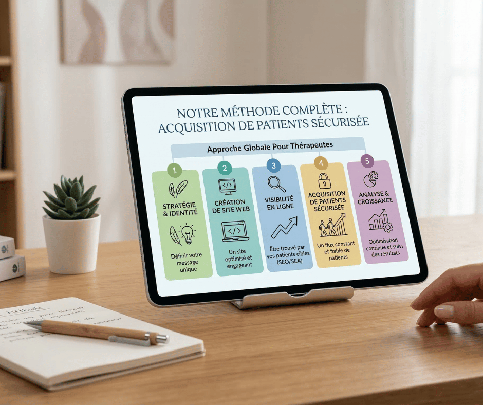 Tablette affichant l'infographie de notre méthode d'agence web pour sécuriser l'acquisition de patients des thérapeutes de couple.