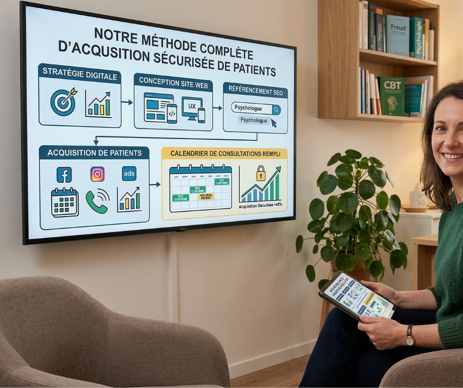 Tableau affichant l'infographie de notre méthode d'agence web pour sécuriser l'acquisition de patients des psychologues.